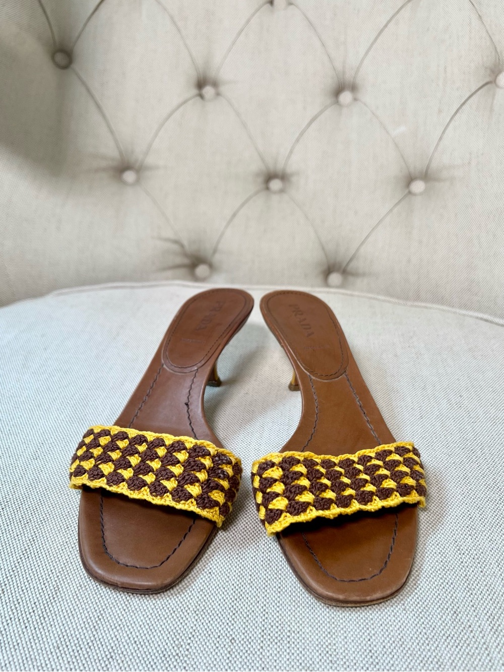 Prada Yellow and Brown Woven Slide Mules cat heels
